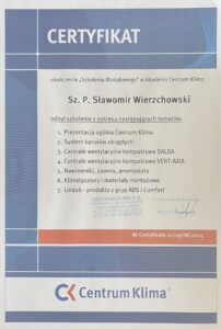 Certyfikat Cetrum Klima Sławomir Wierzchowski